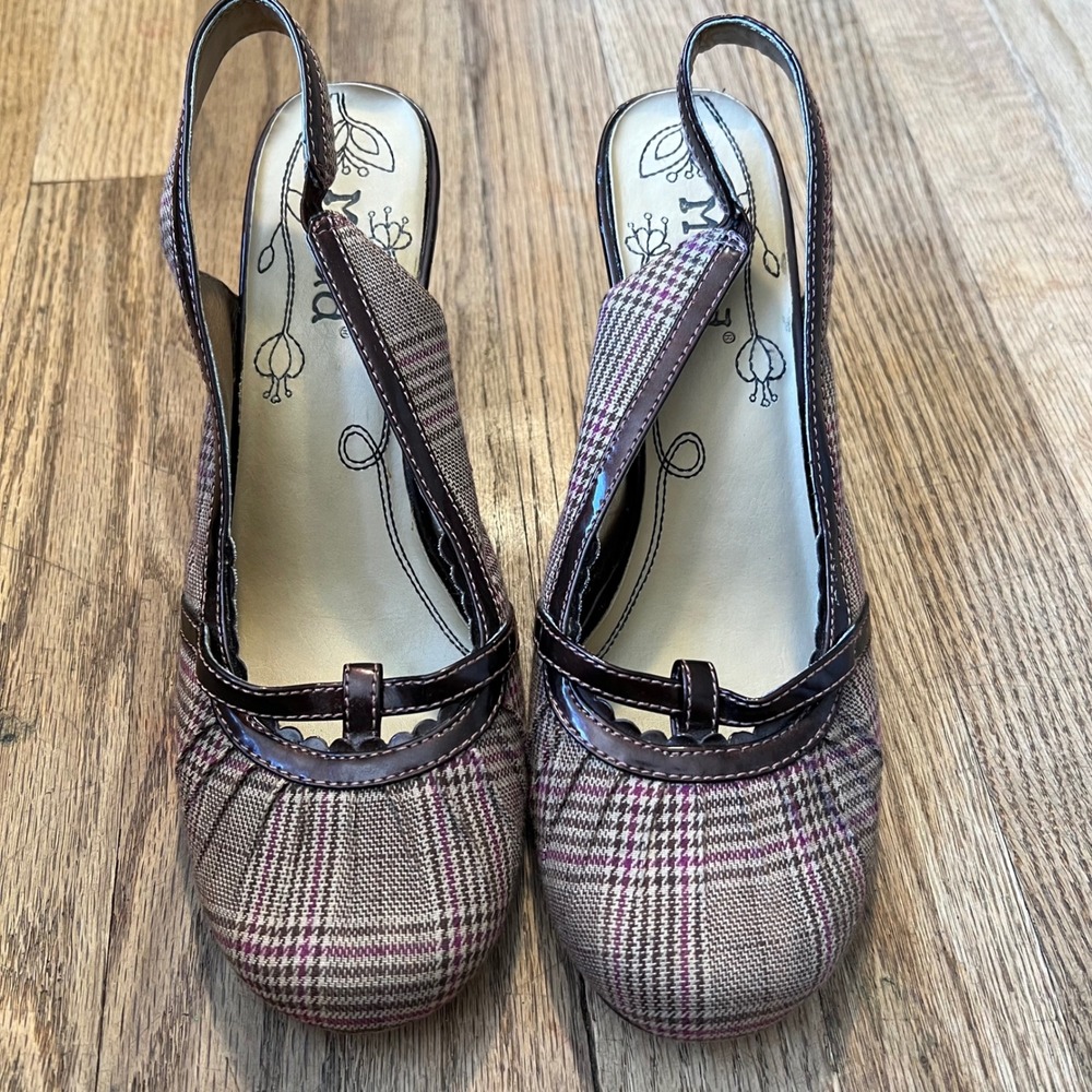 Mudd vintage Plaid Slingback Heels Brown Purple Mary Jane Pumps Size 9M Y2K